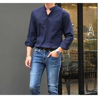 Áo sơ mi nam xanh than dài tay cổ tàu siêu sale