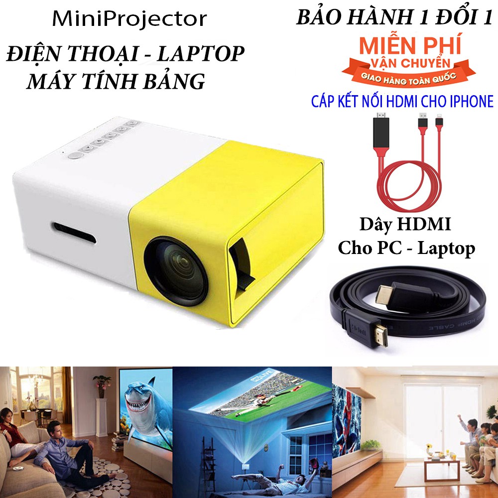 Máy chiếu phim Mini YG300 kèm dây cáp HDMI kết nối với điện thoại Iphone, Ipad và laptop