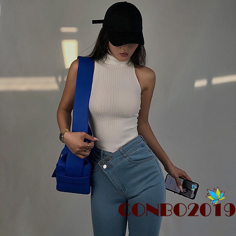Áo Tank Top Dệt Kim Cổ Cao Không Tay Màu Sắc Đơn Giản Cho Nữ