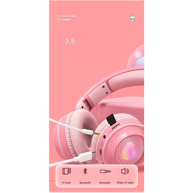 Tai nghe chụp tai bluetooth Cute Rabbit , tai nghe thỏ đáng yêu không dây có đèn led đổi màu, có mic đàm thoại cao cấp.