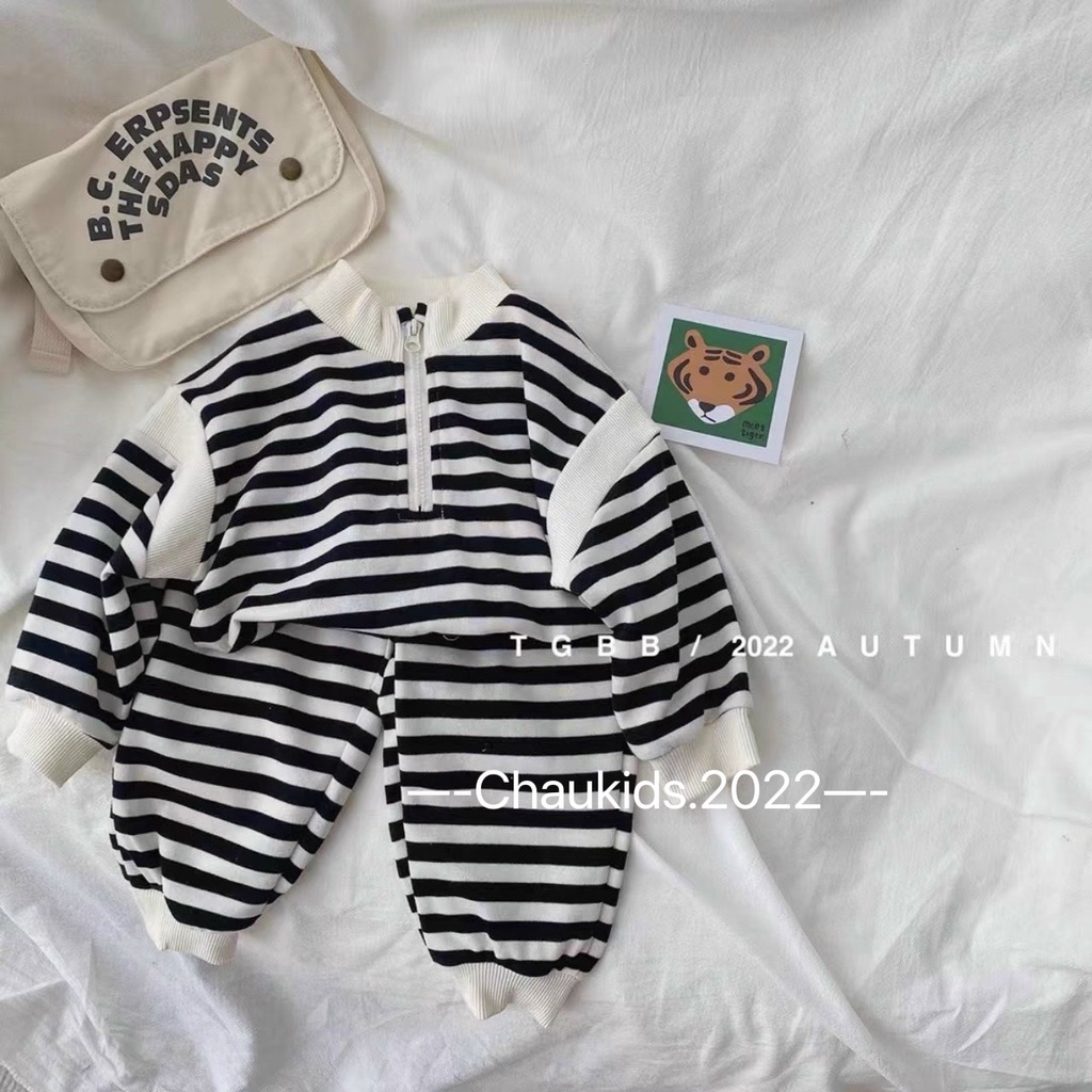 [SALE] Bộ Dài Tay Vải Len Zip Hàn Quốc Bé Trai, Bé Gái Kẻ Sọc Phối Tay, Bộ Quần Áo Cho Bé Mặc Thu Đông CKTD15
