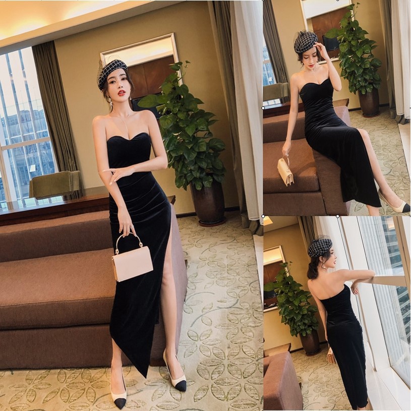 Đầm Nhung Đen Dài Xẻ Tà Quyến Rũ Cho Nữ