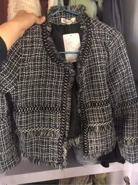 Áo khoác dạ tweed tua rua dáng ngắn hàng Qc( ảnh thật 3-7)