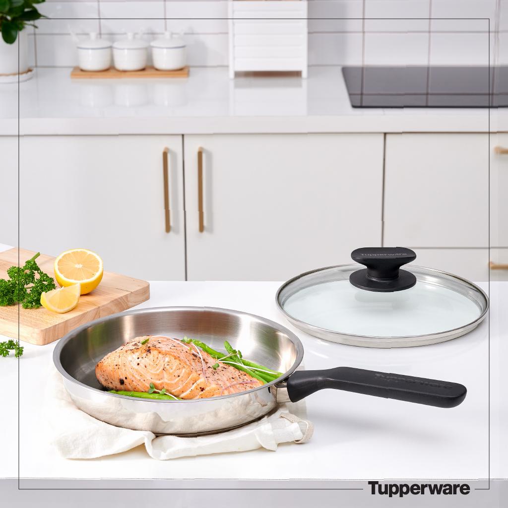 Chảo Chống Dính Tự Nhiên 3 Lớp Thép Không Gỉ - Tupperware - Universal Cookware 24cm - Nắp Kính - Dùng mọi loại bếp