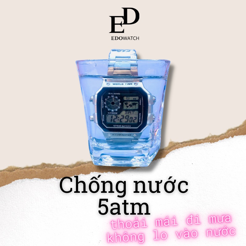 Đồng Hồ Điện Tử Nam chống nước AE1200 mặt vuông, dây kim loại thép đúc thiết kế kiểu dáng thời trang, nam tính DH09
