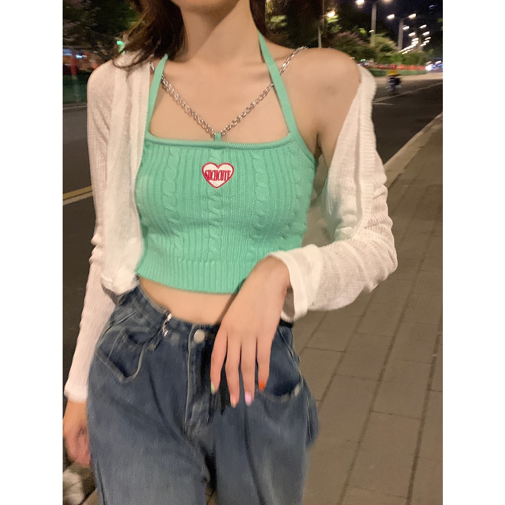 「MOTEL7」Bộ Áo Dệt Kim Hai Dây + Áo Khoác Cardigan Hai Dây Mỏng Xinh Xắn Thời Trang Cho Nữ