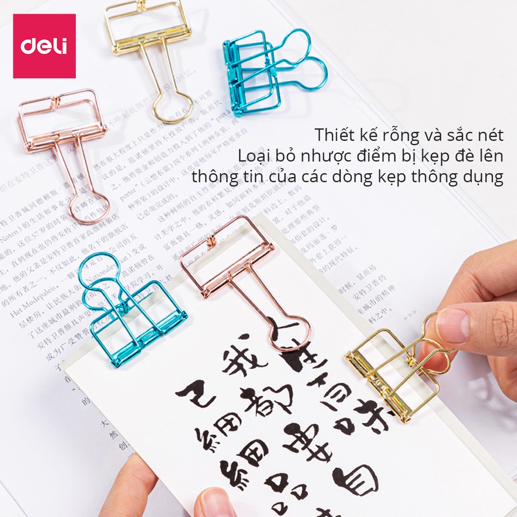 Kẹp bướm văn phòng nhiều màu DELI - Dùng cho tài liệu giấy tờ - mạ vàng hồng - 6 chiếc và 8 chiếc hộp 78206/78207