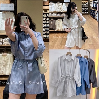 Jumpsuit thô mềm kẻ sọc dọc cổ sơ mi