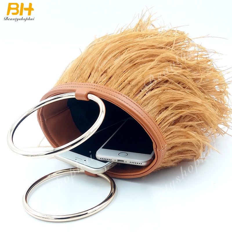 Túi Xách Lông Đà Điểu Phối Dây Xích Đeo Vai Thời Trang Cho Nữ