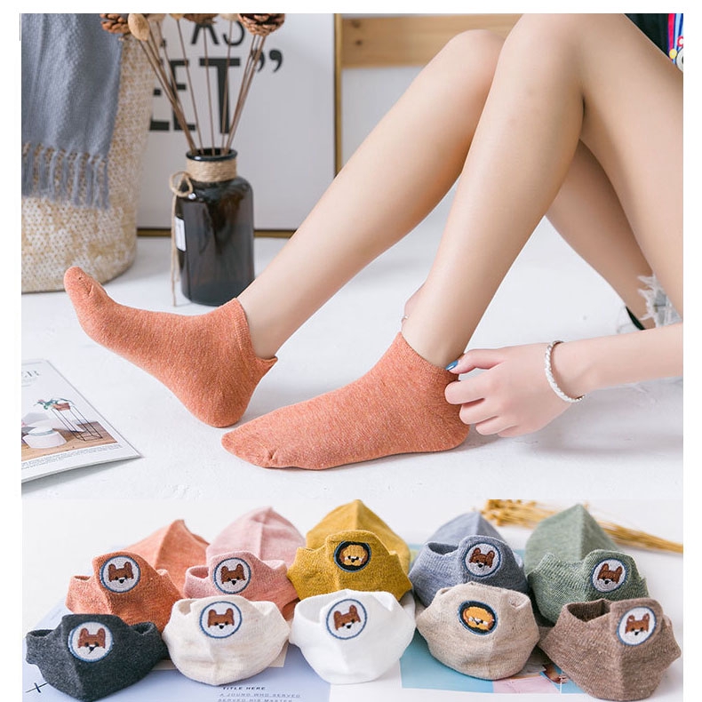 Cotton Animal Pattern Women Ankle Socks Spring Cute Cartoon Dog Embroidery Decor Students Girls Socks Kawaii Happy Art Socks