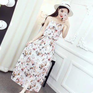 Đầm hoa 2 dây eo bo thun