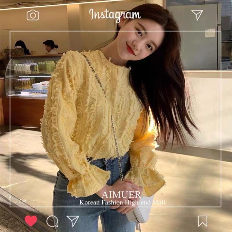 Áo Kiểu Tay Dài Cổ Tròn Màu Vàng Sang Trọng Thiết Kế Mới Mùa Xuân Cho Nữ 2022