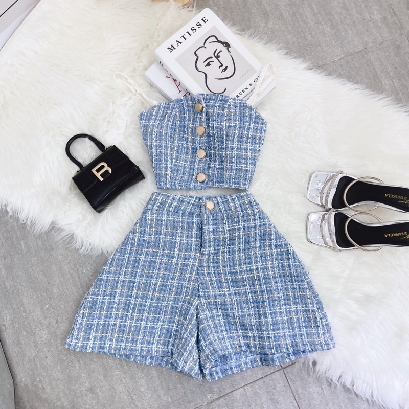 SET BỐ HAI DÂY NÚT KIM LOẠI + SHORT XANH