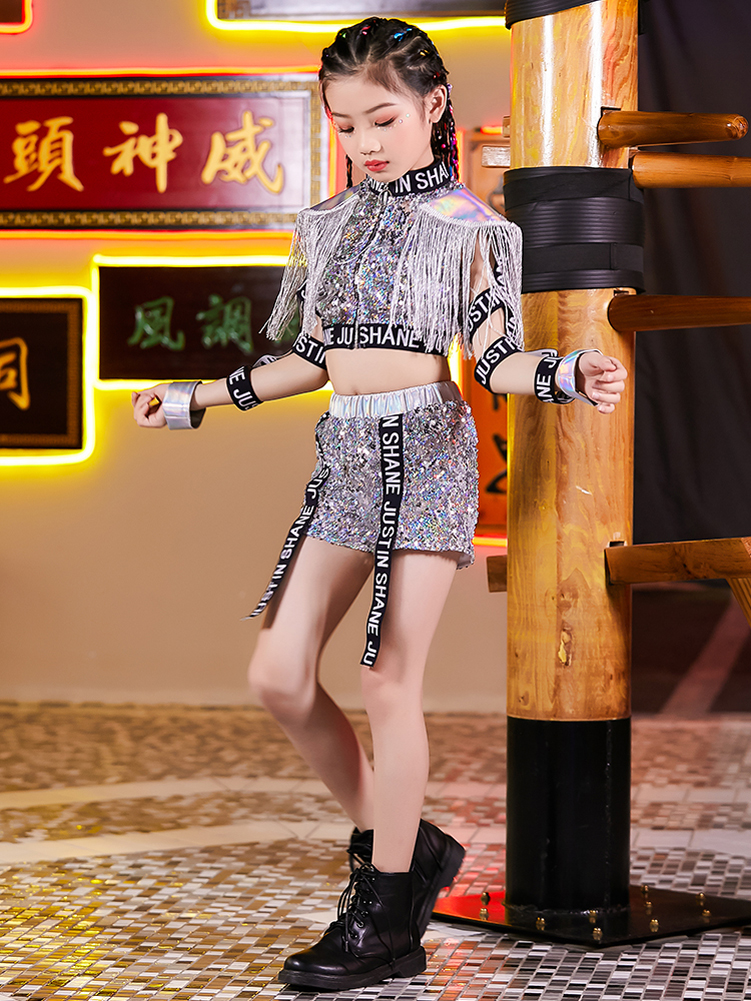 Kids Girls Sequins Jazz Dance Costume Korean Hip Hop Clothing  Streetwear Crop Tops Shorts Set Stage Performance Wear