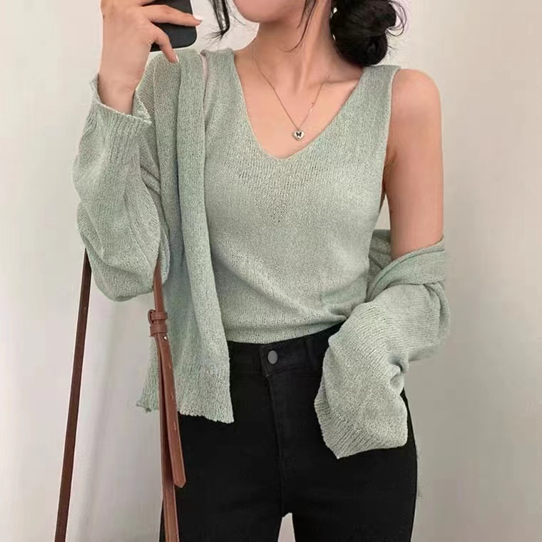 SUXI Set Áo Khoác Không Tay + Áo Khoác Cardigan Dài Tay Form Rộng Phong Cách Hàn Quốc