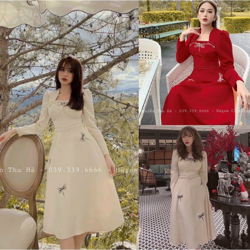 Đầm xoè in chuồn chuồn phối viền kèm thắt lưng (ảnh thật trãi sàn)