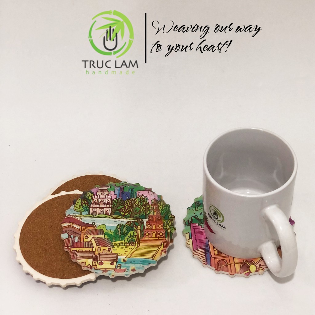 Bộ Lót Cốc Gốm Men Mờ 4 Chiếc Hình Nắp Bia Siêu Thấm Nước Có Đế Gỗ Chống Trơn Trượt - Trúc Lâm Handmade