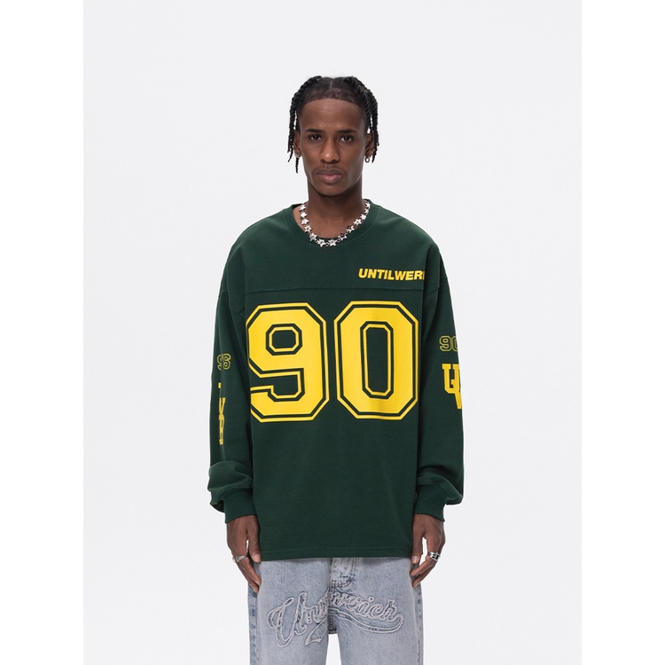 Áo Thun Tay Dài Chui Đầu Dáng Rộng In Số 90 Thời Trang Mùa Xuân Phong Cách Retro Mỹ