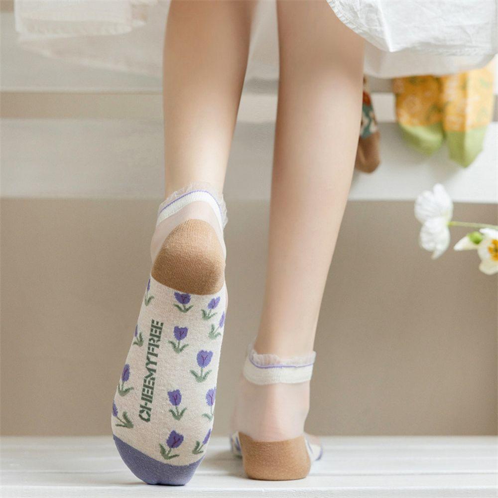 Vớ Cổ Thấp Bằng Vải Lụa Cotton Mỏng Thoải Mái In Họa Tiết Hoa Cổ Điển Thời Trang Cho Nữ