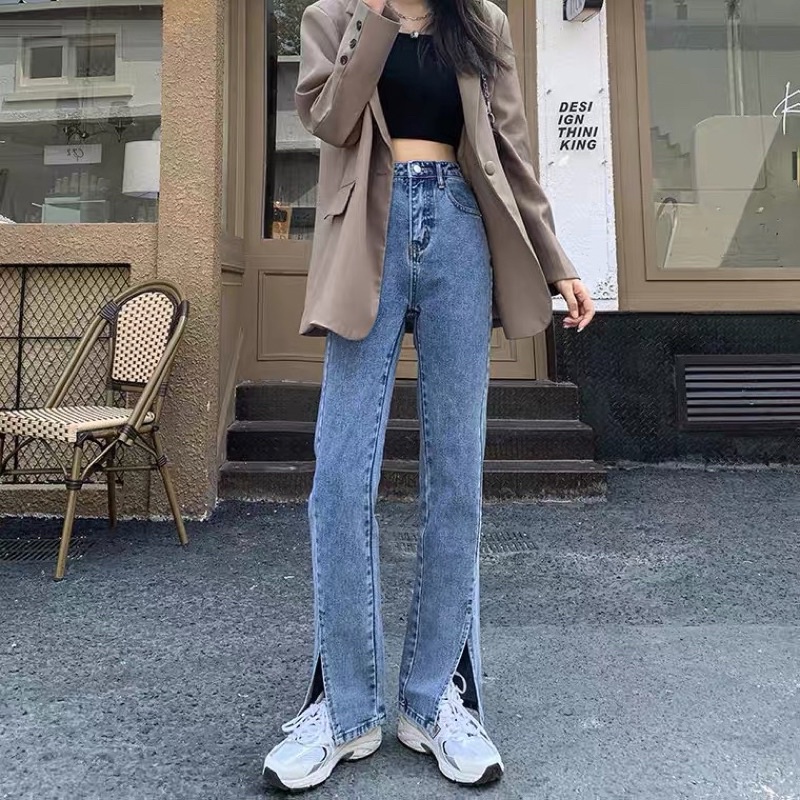 Quần Jeans Nữ Cạp Cao Ống Suông Cut Xẻ Gấu Phong Cách Hàn Quốc Thanh Lịch Mẫu Mới 2022