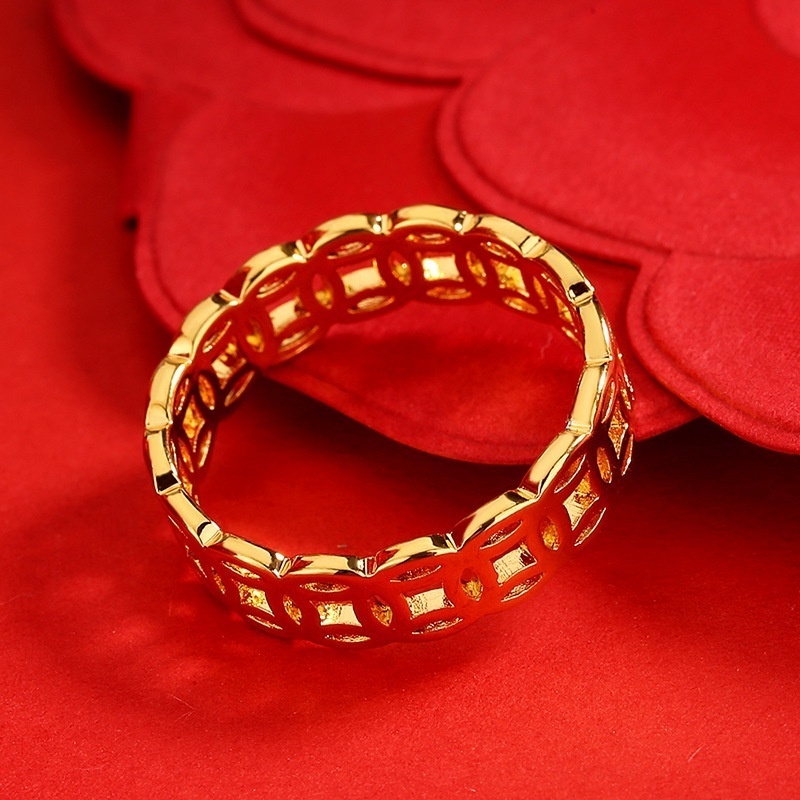 Nhẫn kim tiền bằng titan không gỉ mạ vàng 18k kiểu cổ điển sang trọng dành cho phái nữ