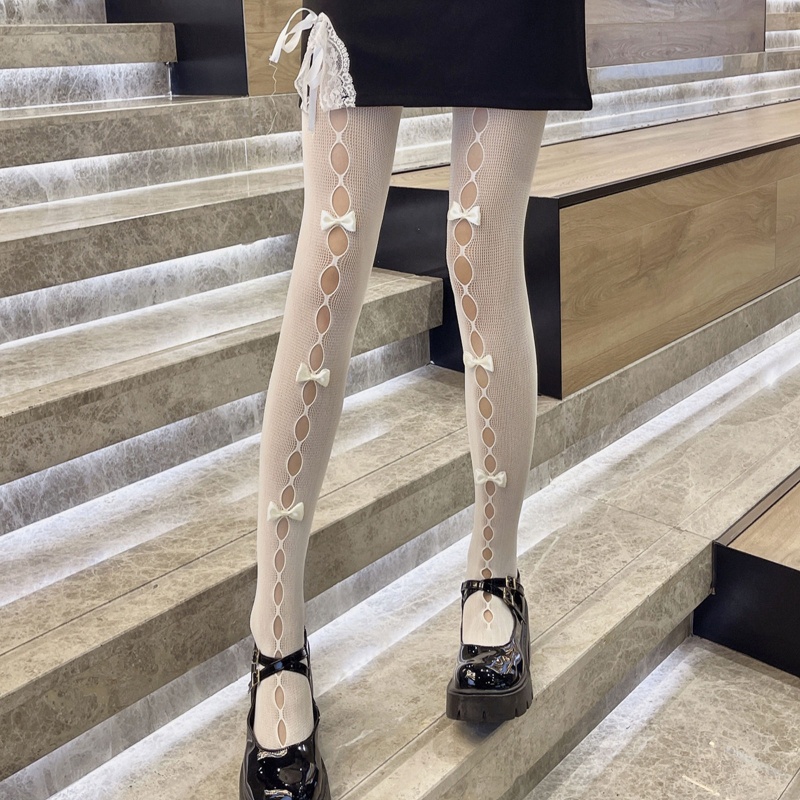 Xiangbao Quần Tất Lưới Rỗng Đính Nơ Kẻ Sọc Caro Trái Tim Khoét Rỗng Trước Ngọt Ngào Phong Cách Lolita Nhật Bản