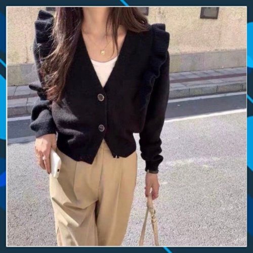 Áo len tay dài cardigan nữ cổ V croptop bèo vai ulzzang Hàn Quốc | BigBuy360 - bigbuy360.vn