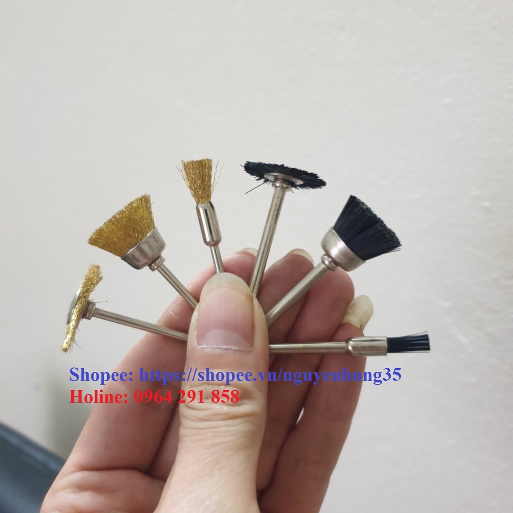 Chổi đánh gỉ mini trục 3mm hoặc trục 2.35mm sợi đồng, sợi thép, sợi cước - chổi cước đánh bóng - bánh nỉ đánh bóng