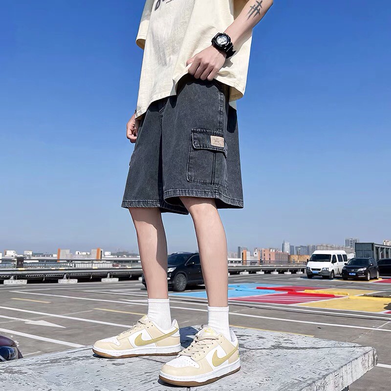 Quần Đùi Bò - Hinata 97 - Quần Jeans Nam Nữ Unisex Ống Rộng Lưng Chun Dáng Đứng Ngắn Ngang Gối Cá Tính