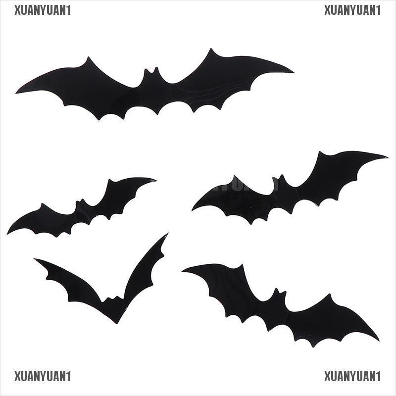 Set 12 Sticker Dán Tường Hình Dơi 3D Bằng PVC Màu Đen Phong Cách Halloween Tiện Dụng