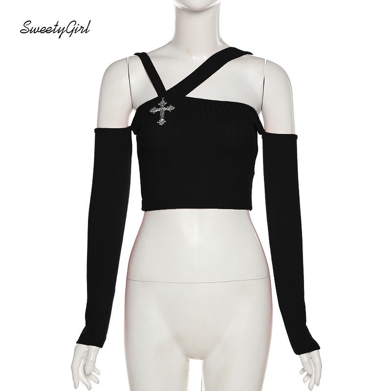 Áo croptop tay dài trễ vai màu sắc ngọt ngào cho nữ