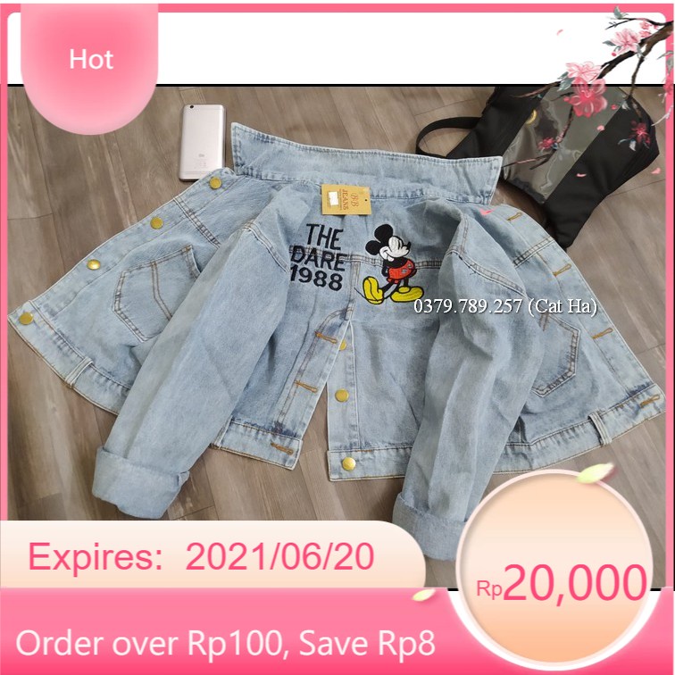Aó khoác jean nữ xám xanh như hình form dưới 58Kg chuột Mickey đậm nhạt BB21