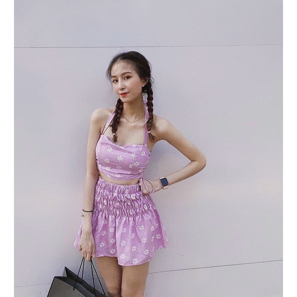 SET ÁO CROP HOA CỔ YẾM KÈM CHÂN VÁY