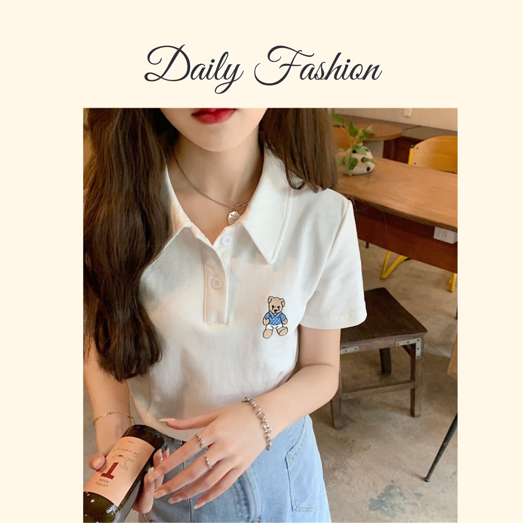 Áo polo thêu gấu - Áo thun nữ croptop thêu gấu ngắn tay màu trắng hottrend | BigBuy360 - bigbuy360.vn