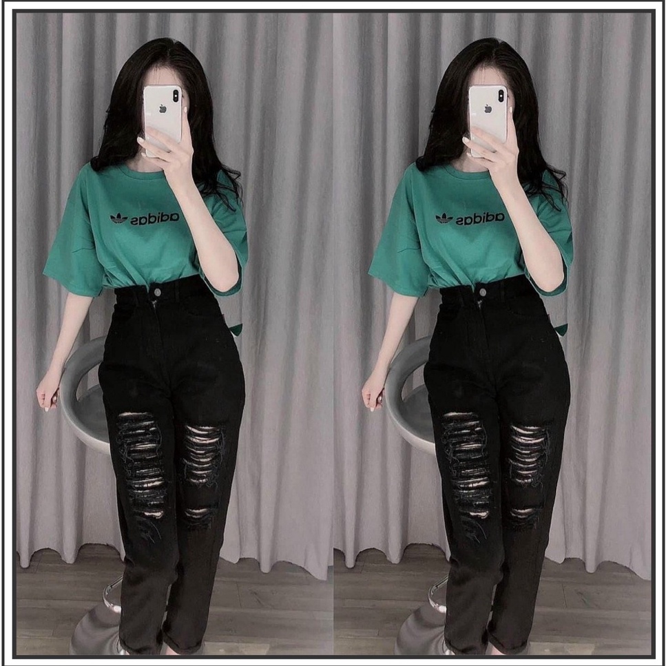Quần jean nữ baggy rách gối kiểu DT chất liệu vải jean tốt có độ co giãn nhẹ lưng cao cấp phong cách