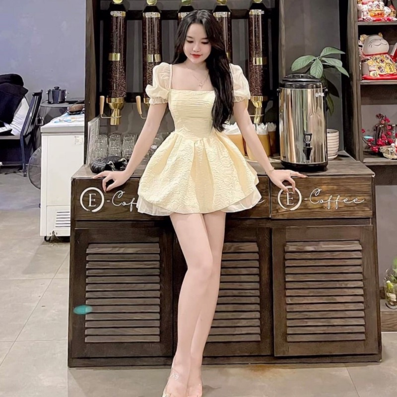 Váy chun vai tay bồng xốp phối tơ