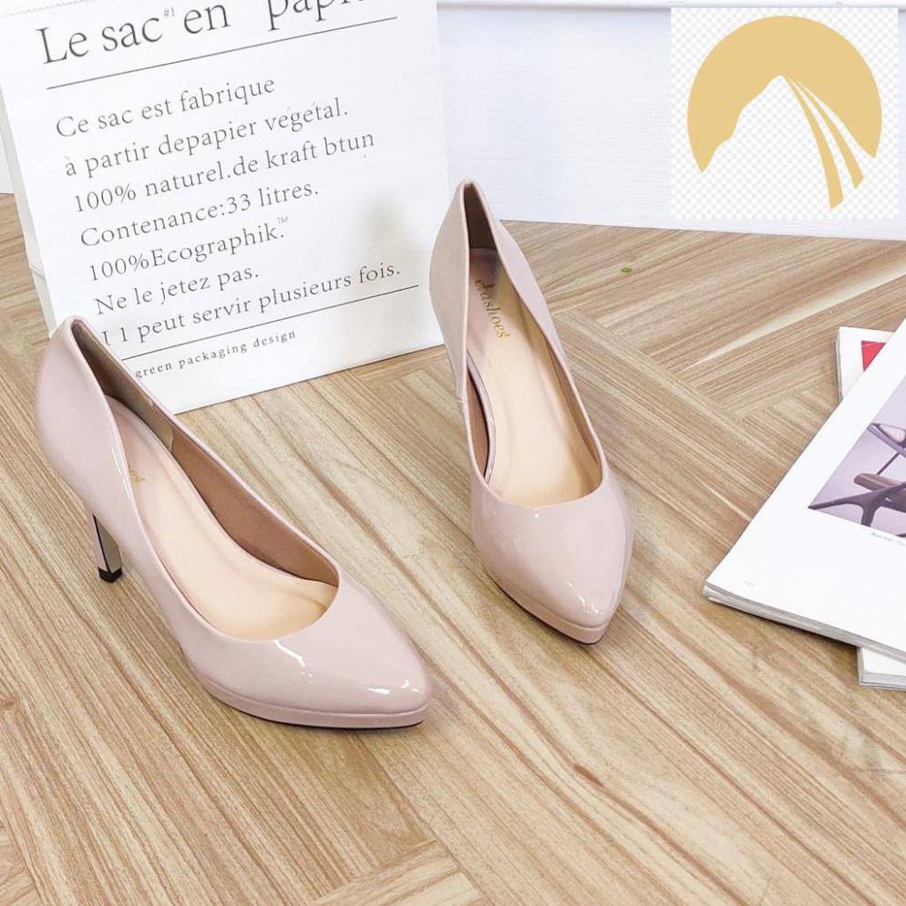 Giày Cao Gót Bít Mũi Đế Đúp Da Bóng 10cm Evashoes - Eva8184(Màu Đen,Kem)