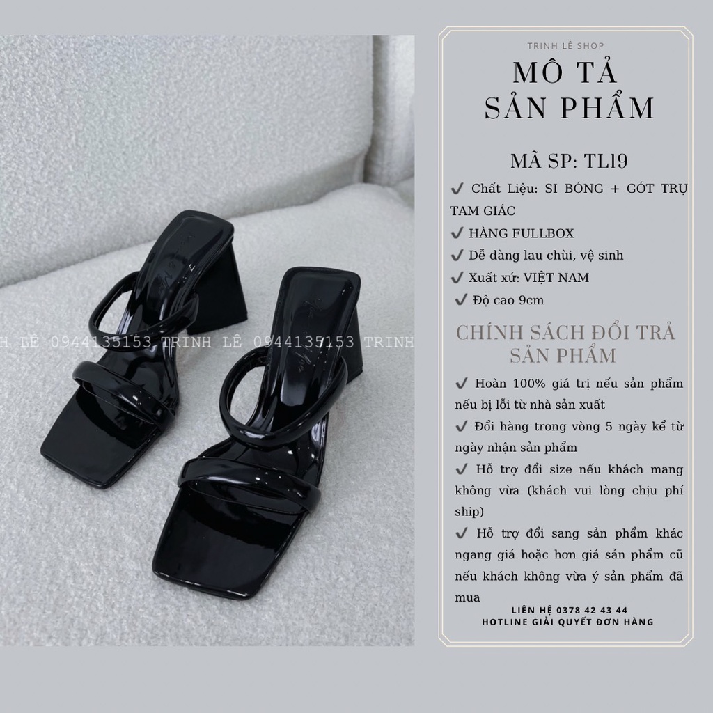 Guốc Nữ Hai Quai Ngang Si Bóng Đế Vuông Cao Cấp 9Cm Tôn Dáng Mũi Vuông TRINH LÊ SHOP GIÀY DÉP