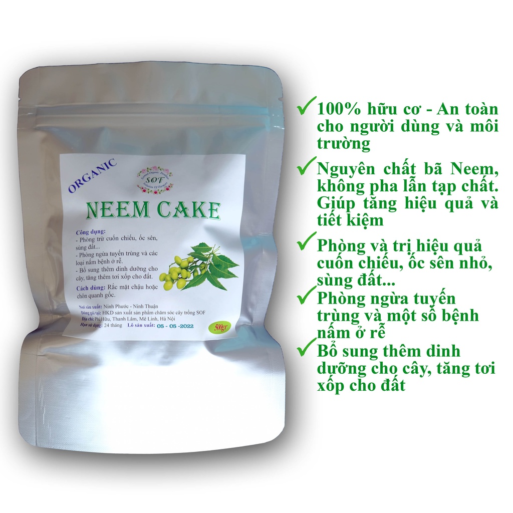 Neem cake SOF 500gr trị cuốn chiếu, sùng đất, ốc sên nhỏ...