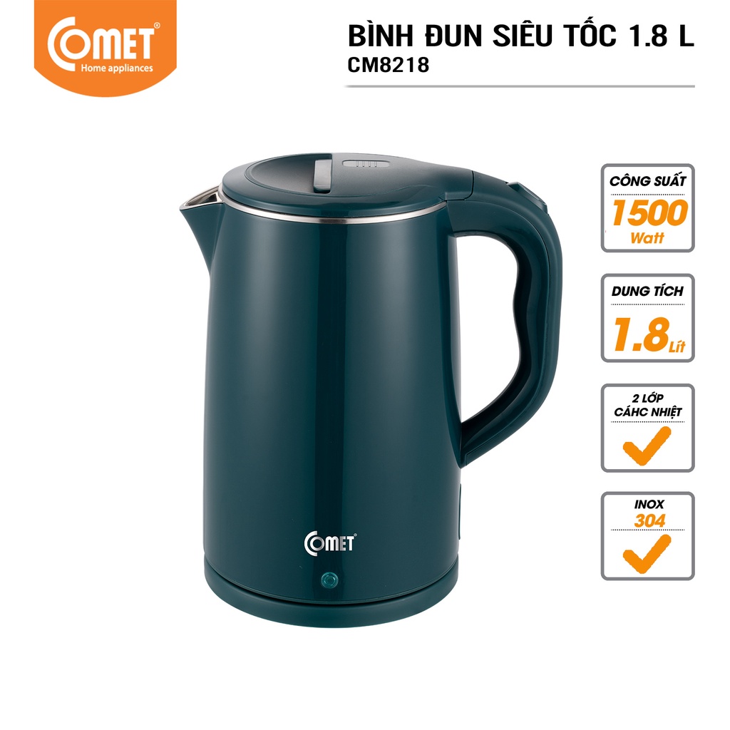 [Mã ELHADEV giảm 4% đơn 300K] Bình đun siêu tốc inox 304 1.8L Comet CM8218N