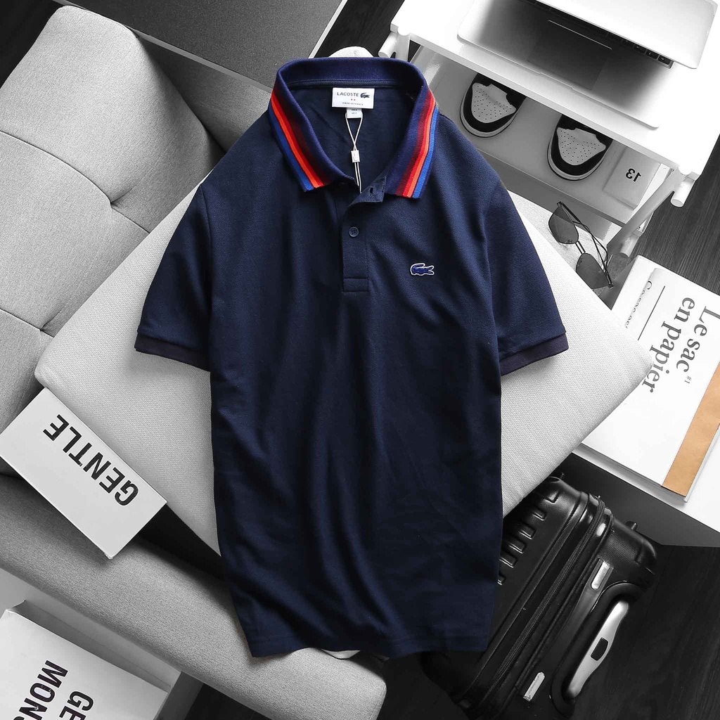 Áo Polo Nam LACOSTE FRANCE Viền Phối Cổ Logo Xanh Dương - vải da cá sấu Full Tag Tem Code Form SlimFit