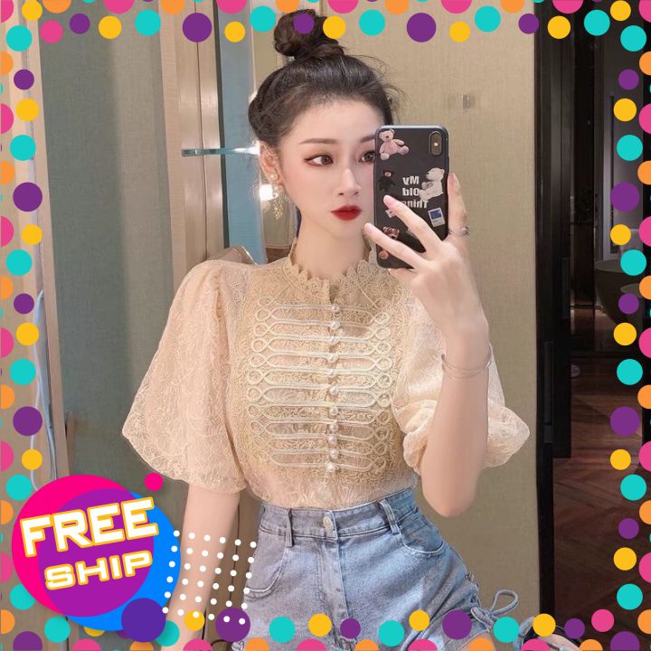 SET Áo Voan Phối Lưới Cổ Trụ Tay Bồng Sang Chảnh + Quần Short Jeans