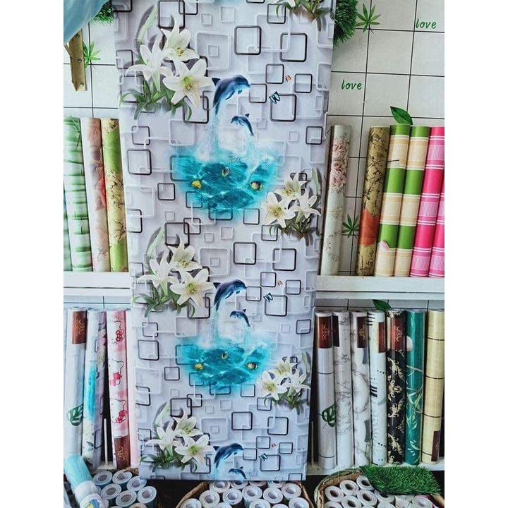 giấy dán tường hoa ly cá heo khổ 10m, decal dán tường sẵn keo