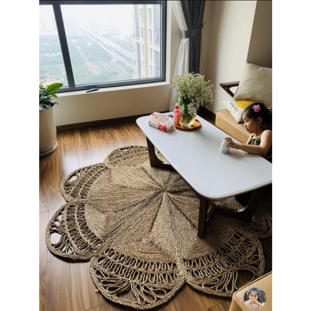 Thảm cói, thảm cói tròn bong hoa decor, trang trí chụp ảnh trải sản xuất khẩu HungPhuc size 1m2