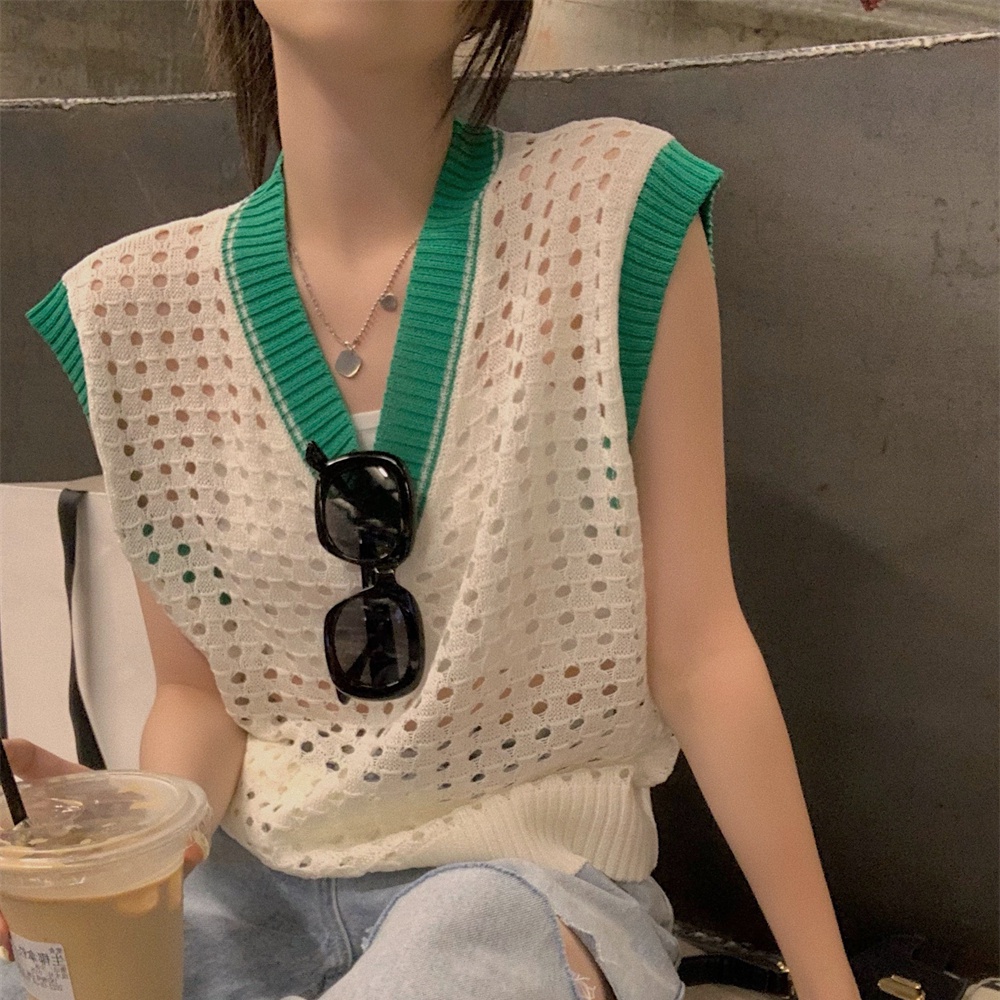Áo Dệt Kim Sát Nách Dáng Rộng Cổ Chữ V Màu Sắc Tương Phản Thời Trang Mùa Hè Phong Cách Hàn Quốc Cho Nữ