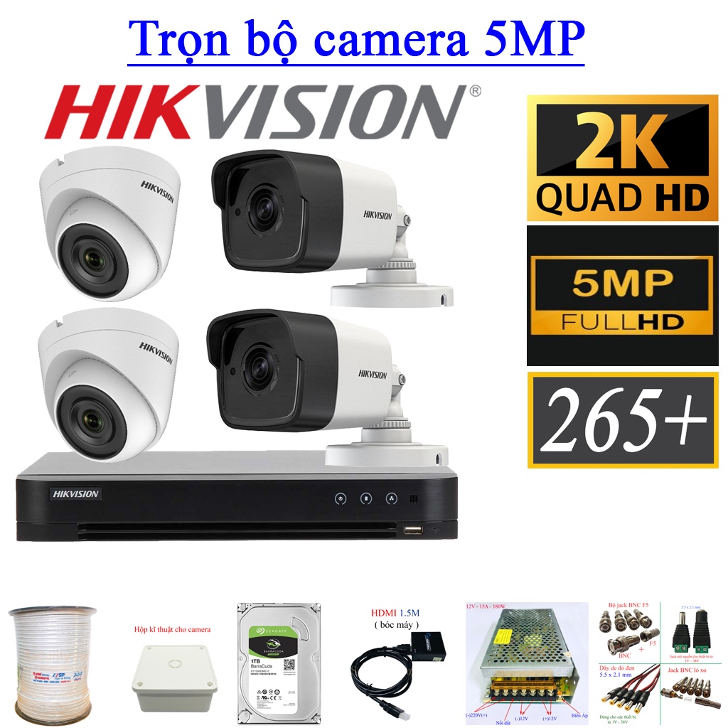 Bộ camera HIKVISION 5MP [Tích Hợp Mic] Chính Hãng - bảo hành 24 tháng , tặng đẩy đủ phụ kiện lắp đặt