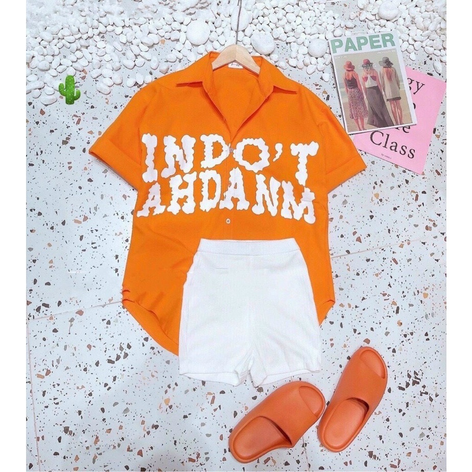 Áo sơ mi nữ in hình chữ form rộng kiểu tay lỡ xinh