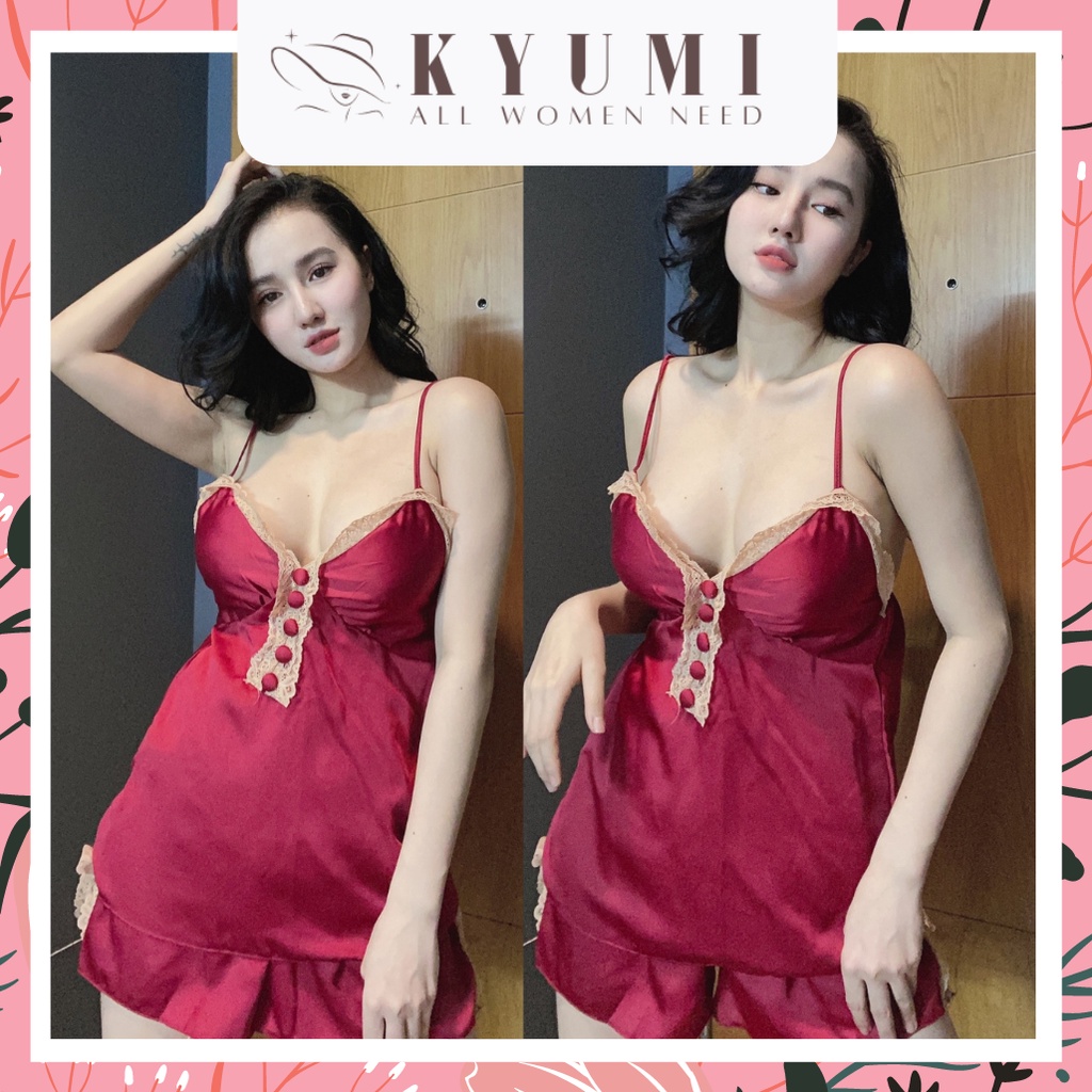 Đồ ngủ sexy đồ ngủ 2 dây phối ren đính nút có mút ngực KYUMI OFFICAL, vải lụa satin, freesize 40-60kg tùy chiều cao 010 | BigBuy360 - bigbuy360.vn