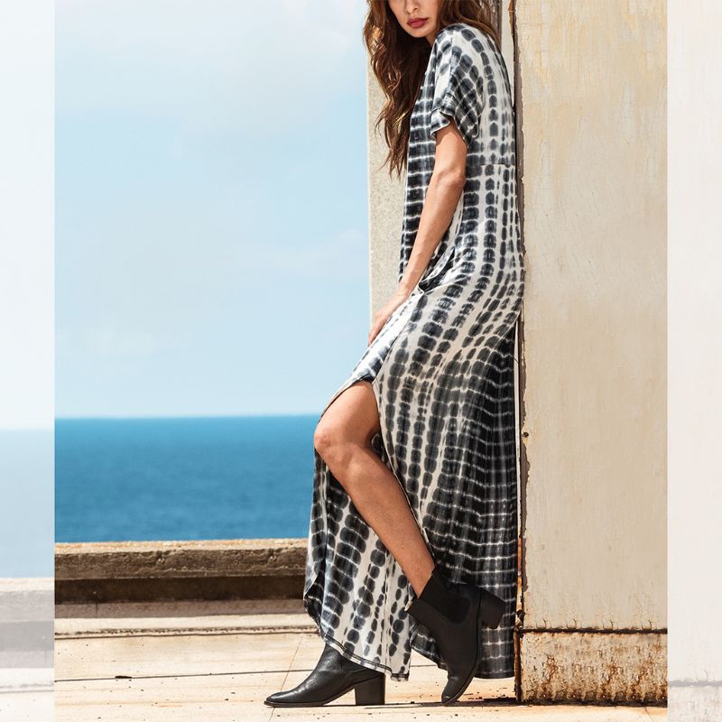 Đầm Thun Maxi Tay Ngắn Cổ Chữ V Dáng Rộng Họa Tiết Màu Nhuộm Thời Trang Cá Tính Cho Nữ