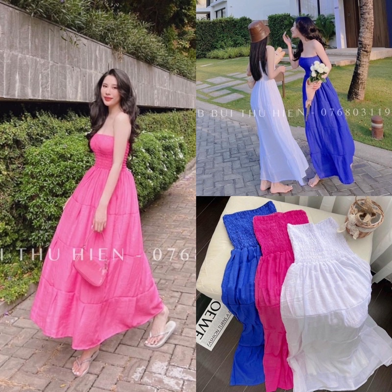 Đầm Maxi Tiểu Thư Đi Biển Du Lịch Bo Chun Cúp Ngực